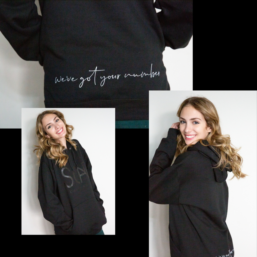 Scar & Co -  hoodie front, side, and back with we've got your number
